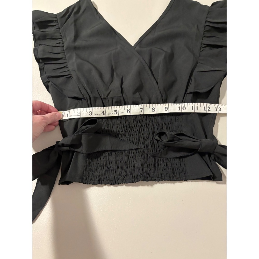 Black Ruffle Sleeve Smocked Waist Wrap Front Crop‎ Top Elegant Feminine SZ S - Picture 4 of 7